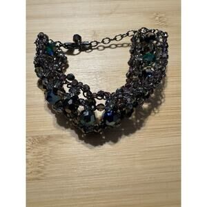 SWAROVSKI Signed Crystal Dust Silver Black Double Wrap Bangle Bracelet.  Size 8